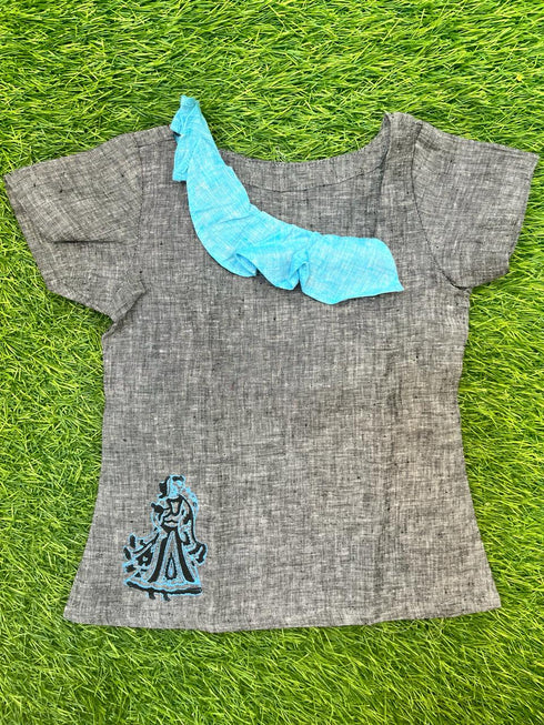 Kids Girls Tops and Pant Set 100% Linen Ruffle Cape - Block Printed