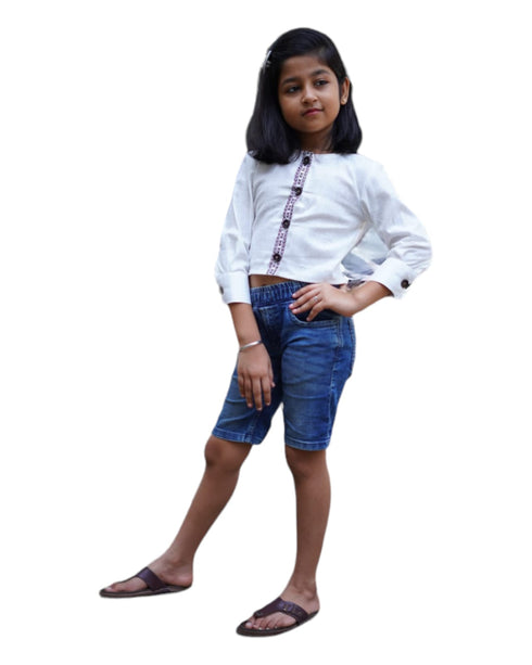 Girls' Full Sleeve Linen Blend Mandarin Collar Shirt