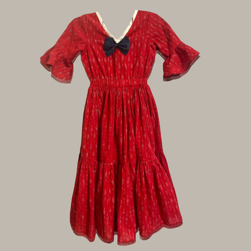 Red Ikat frock with tiered skirts for Girls (Ages 2 to 12)