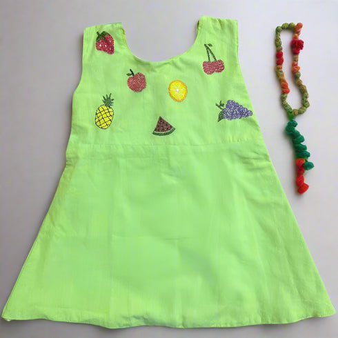 Handcrafted Kantha Embroidery Green Frock Dress for Girls (2-7 Years) | Premium Handloom Cotton