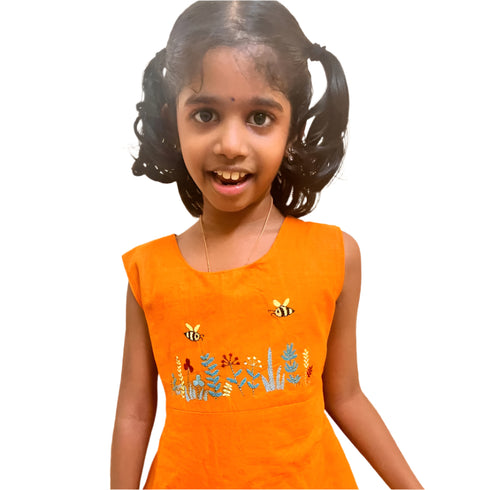 Handcrafted Kantha Embroidery Orange Frock Dress for Girls (2-7 Years) | Premium Handloom Cotton
