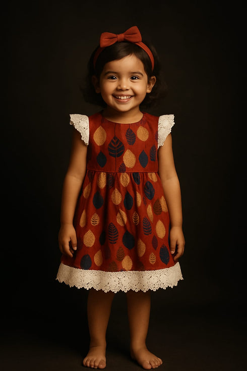 Ajrakh cotton frock with lace detail for girl aged 2 to 10 years