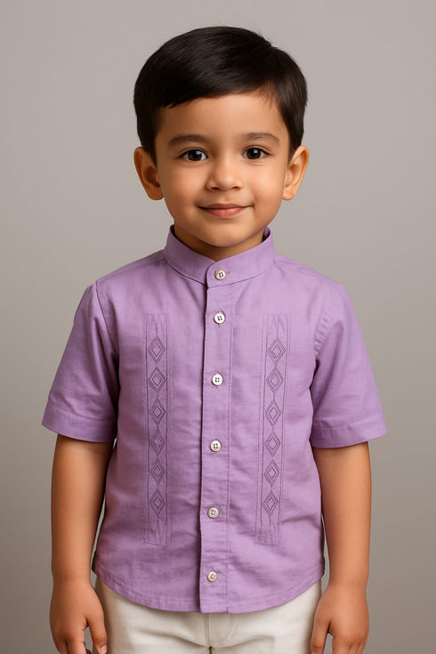 Boy wearing silk cotton kurta shirt with Kantha embroidery and white pant set (age 2, 4, 6 years)