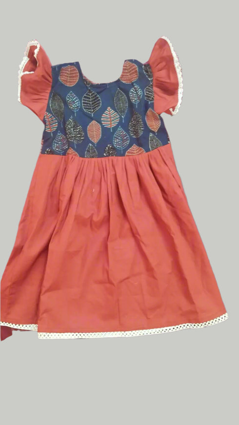 Ajrakh cotton frock with lace detail for girl aged 2 to 10 years