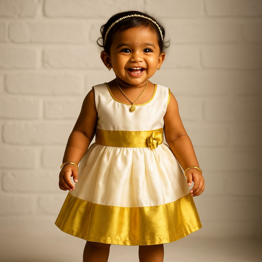 Girl wearing traditional Kerala set mundu cotton dress for Onam

