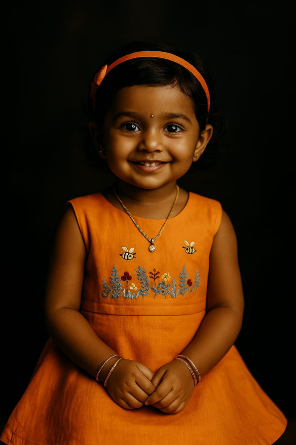 Ethnic handloom frock with Kantha stitch – breathable cotton dress for girls
