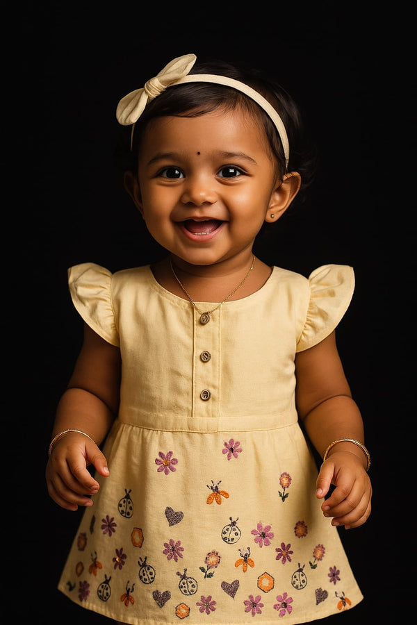 Ethnic handloom frock with Kantha stitch – breathable cotton dress for girls
