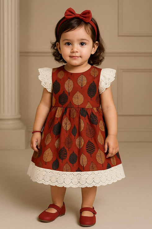 Ajrakh Cotton Frock with Lace for Girls (2–6 Years) – Handcrafted Ethnic Dress