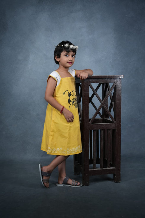 Girls Midi-Dress Chanderi Silk - Warli Print